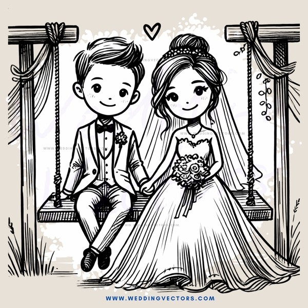 a bride and groom sitting on a swing