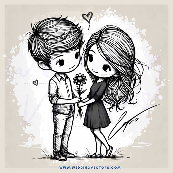 a boy and girl standing together with flowers in their hands