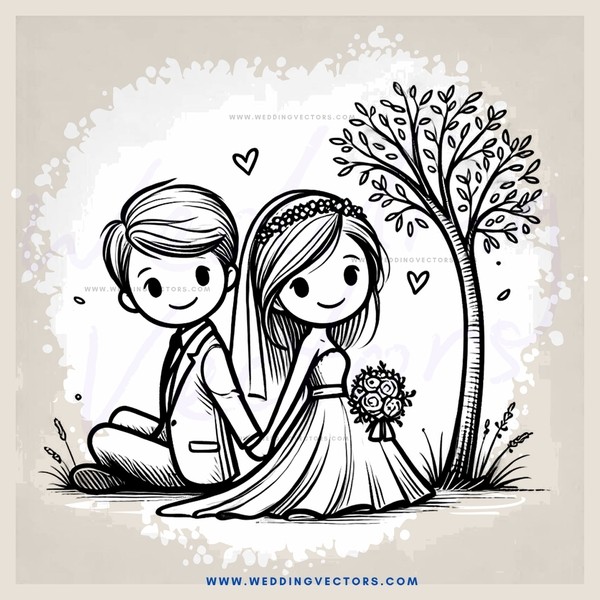a couple sitting under a tree with hearts around them