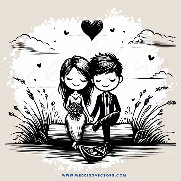 couple sitting on bench with heart above them and birds flying behind