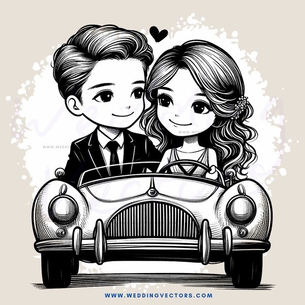 a man and woman riding in a car with hearts floating above their heads