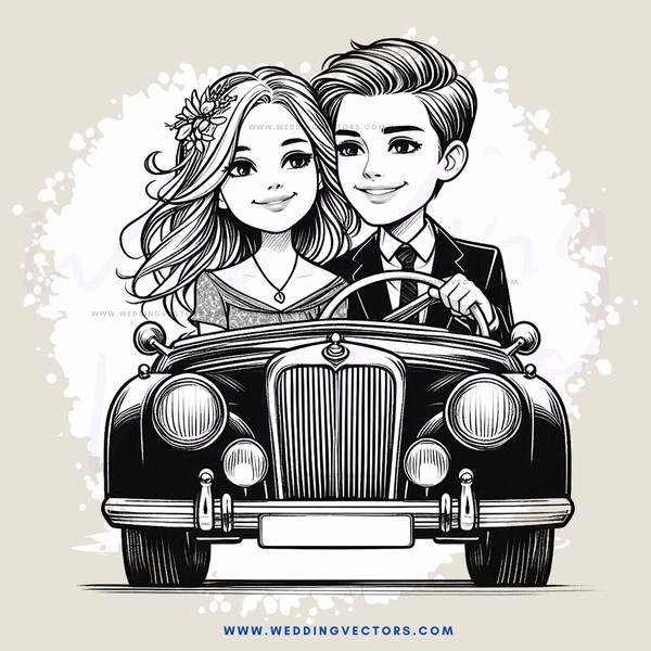 a bride and groom in a vintage car