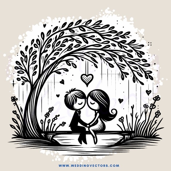 couple under tree with hearts and flowers