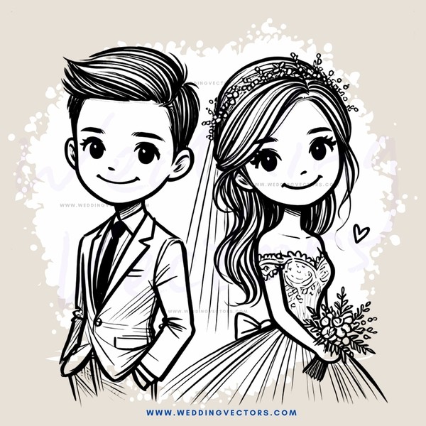 bride and groom in black and white drawing