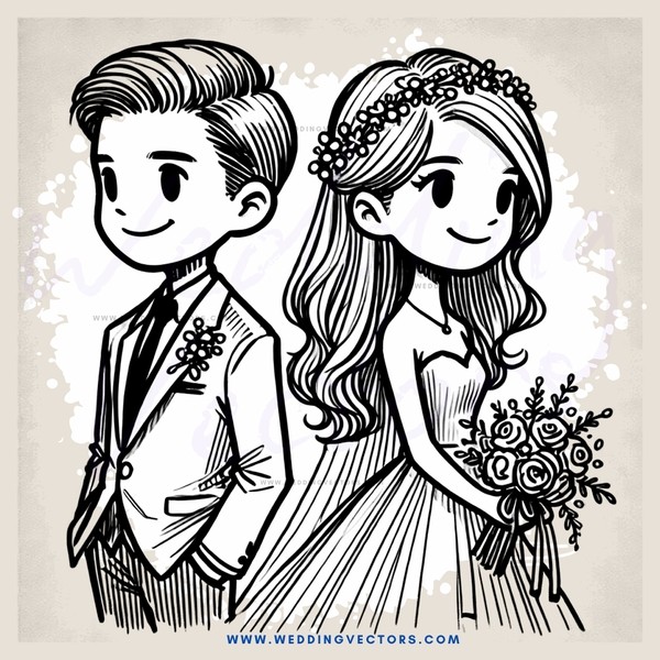 a bride and groom in wedding attire