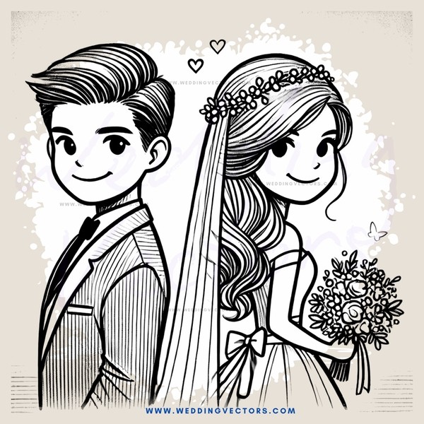 wedding bride and groom drawing in black and white