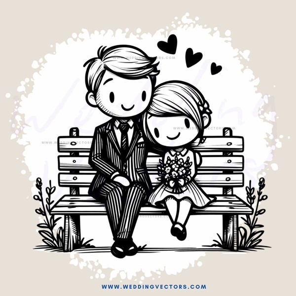 couple sitting on a bench with flowers and ivy leaves in the background