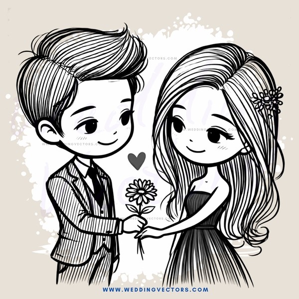 a boy and girl holding flowers with an heart shaped symbol between them