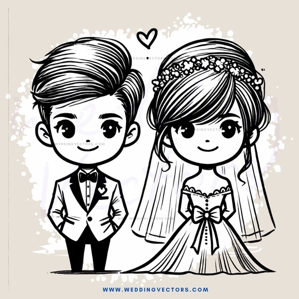 a bride and groom in wedding attire