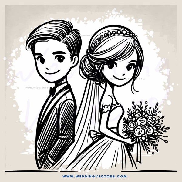 groom and bride in black and white drawing