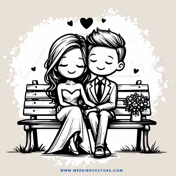 a couple sitting on a bench with hearts and flowers