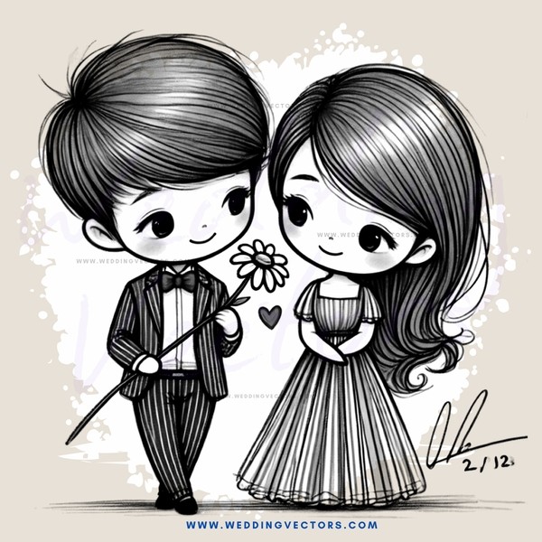 cartoon boy & girl with heart and flower