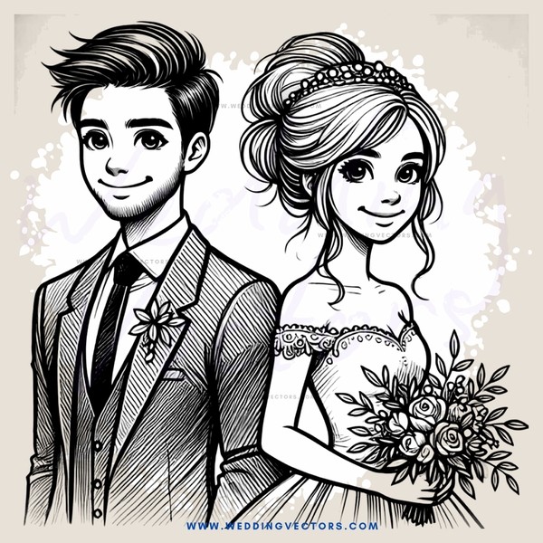 a bride and groom with a bouquet of flowers