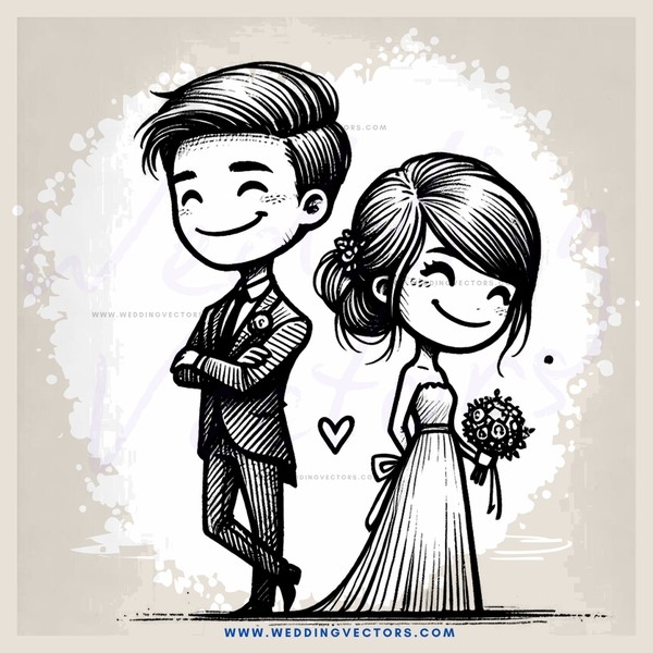 a happy bride and groom stand together