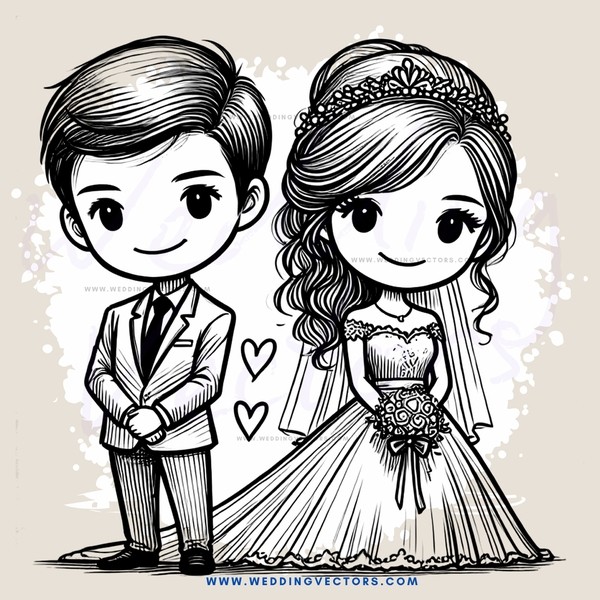 wedding couple cartoon in black and white