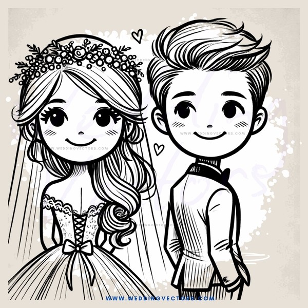 a bride and groom stand side by side