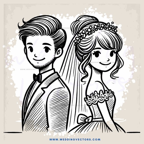 bride and groom cartoon drawing