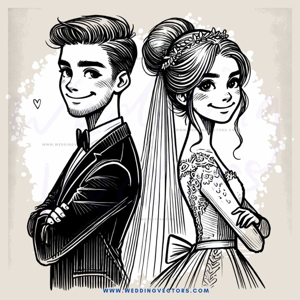 wedding bride and groom cartoon character illustration in black & white style on canvas