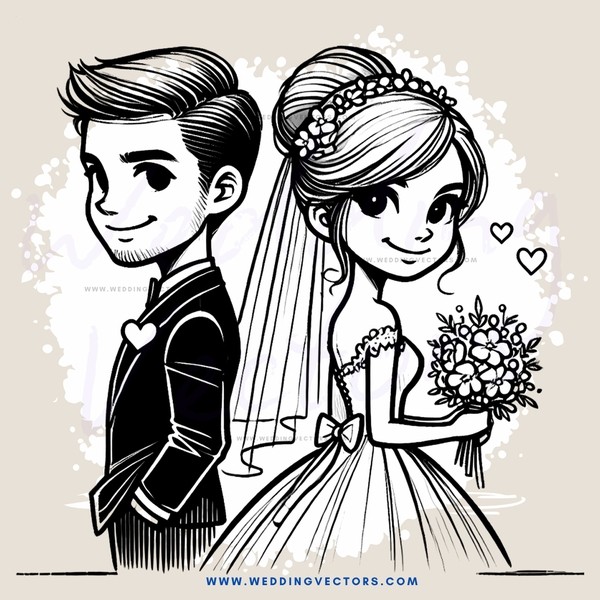 wedding animation pair drawing in black and white style