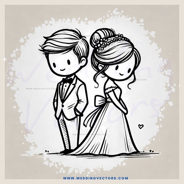 wedding portrait illustration with couple posing in formal clothing