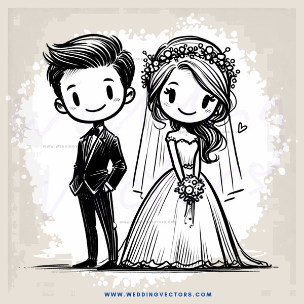 cartoon bride and groom on beach