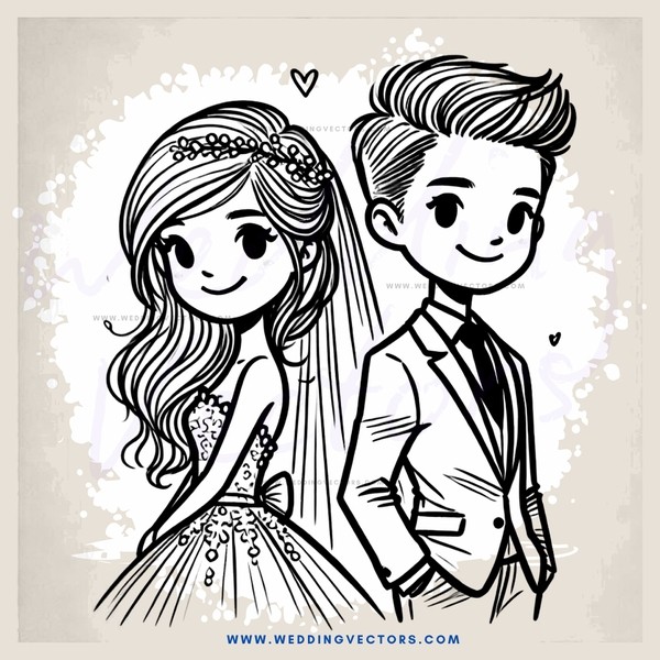 a bride and groom cartoon drawing