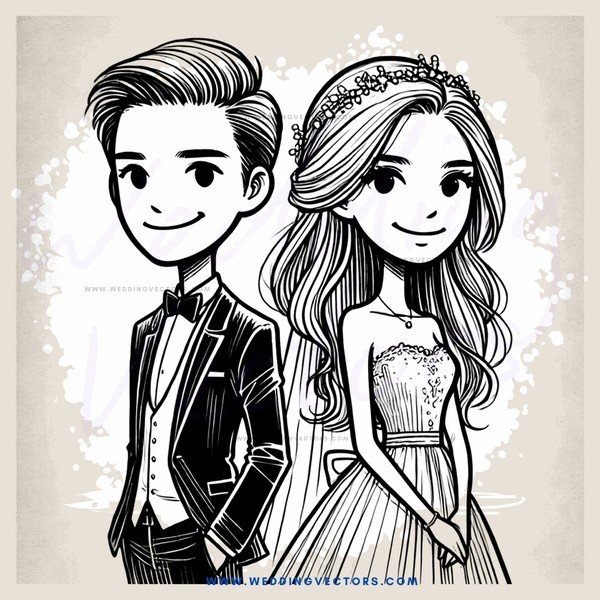 cartoon bride & groom smile at each other