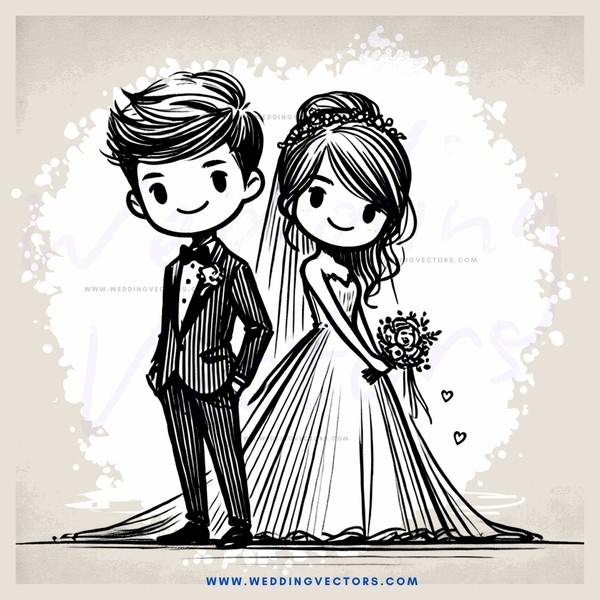wedding bride and groom comic book style drawing on paper