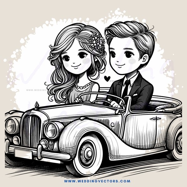 a couple in a car driving off into the sunset