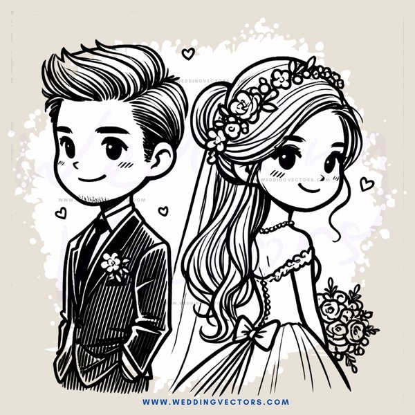 a bride and groom in black and white cartoon form