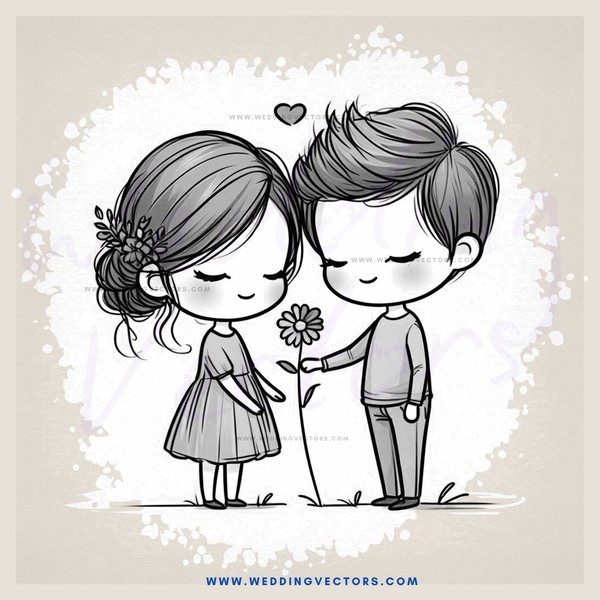 a cartoon couple holding hands and flowers
