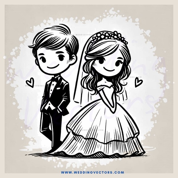 wedding bride and groom in black and white cartoon