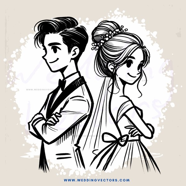 black and white wedding cartoon drawing