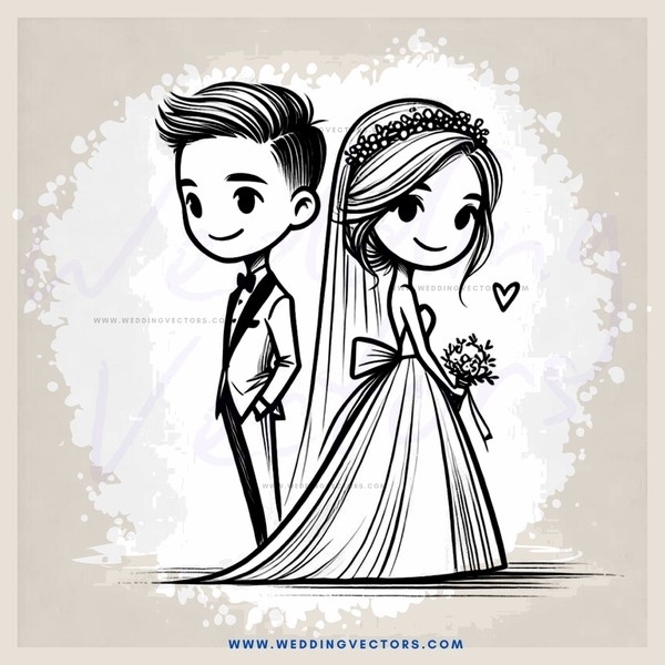 a bride and groom in wedding attire