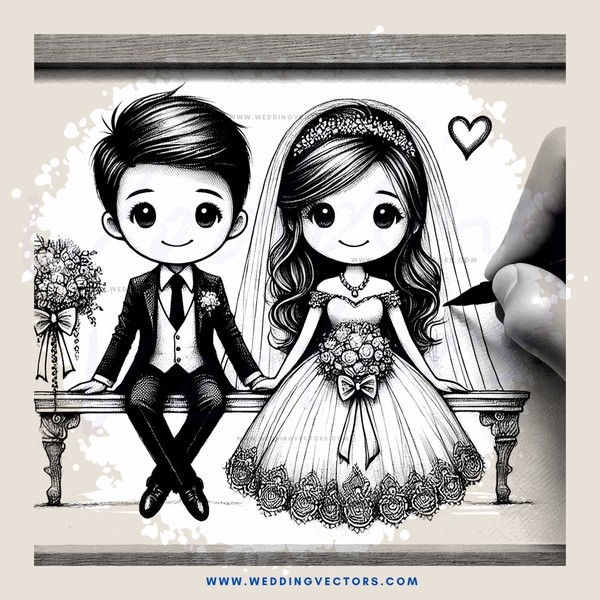 wedding cartoon drawing with ink pen on white background
