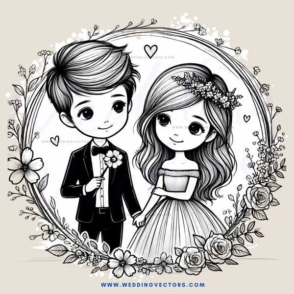 a young couple in wedding attire