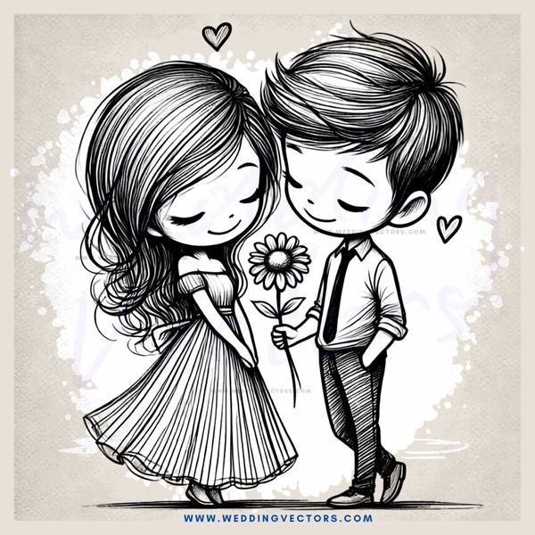 lovers in black and white illustration holding flower