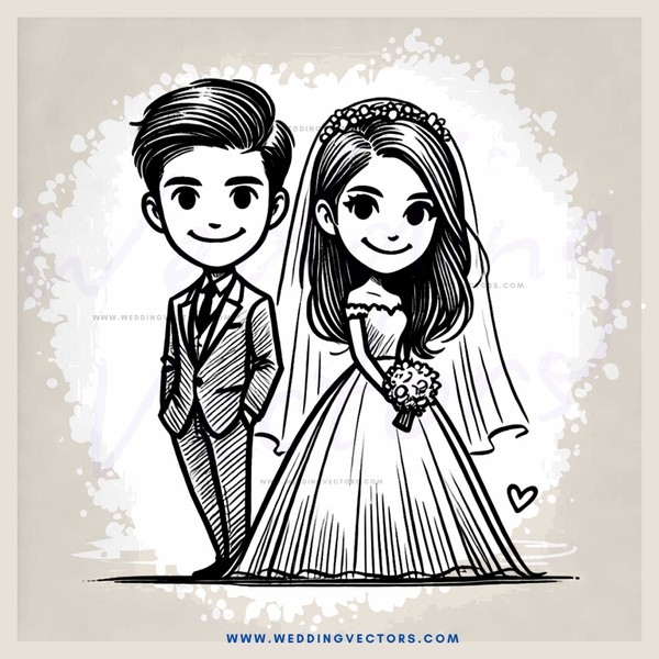 a cartoon picture of a bride and groom on their wedding day