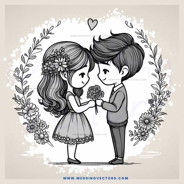 a cartoon picture of a boy and girl holding flower garlands