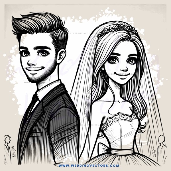 a bride and groom in black and white cartoon