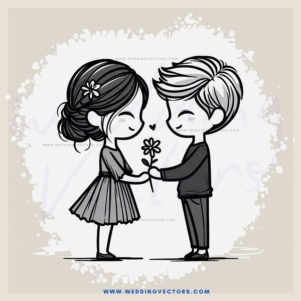 a boy and girl standing next to each other with flowers