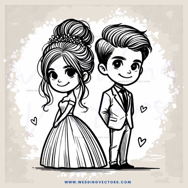 a couple standing together with hearts around them