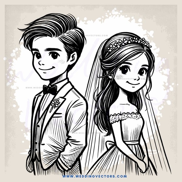 wedding pixie couple illustration in black and white