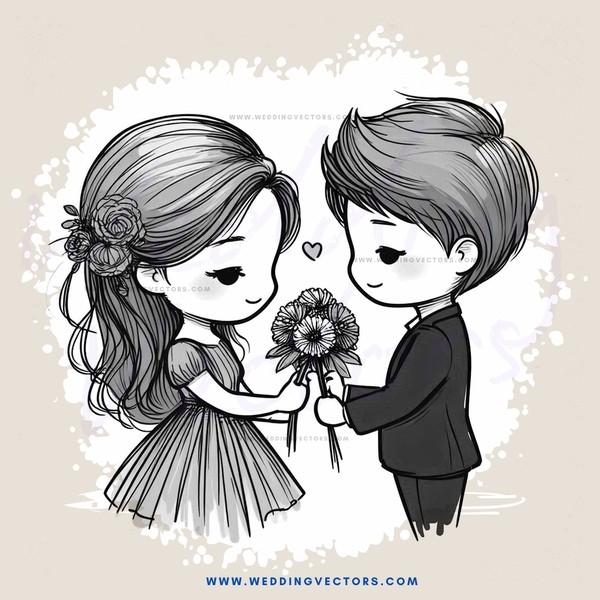 a young couple exchanging flowers and smiling