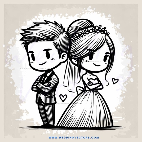 a couple standing close together with hearts around them