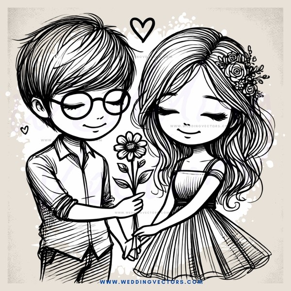 a boy with glasses and a girl wearing glasses holding flowers