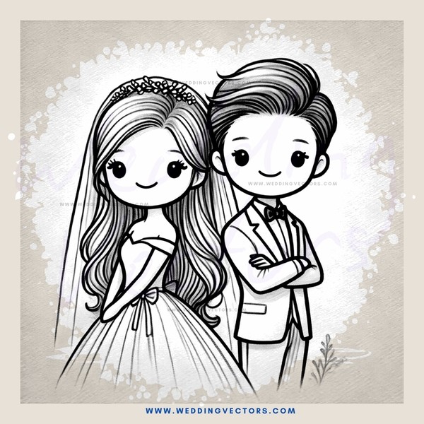 a wedding couple in black and white cartoon style