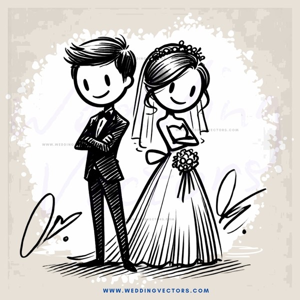 a cartoon illustration of a bride and groom