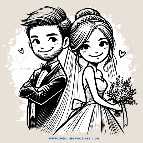 a bride and groom with flowers in hand