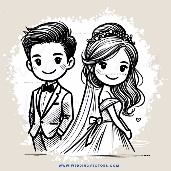 a boy and girl wedding illustration in black and white